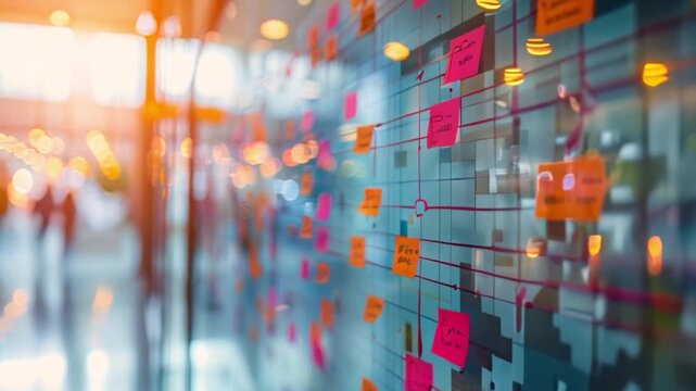Close-up of a whiteboard with colorful sticky notes and handwritten notes, forming a grid. Background is a modern office space, displaying active workspace