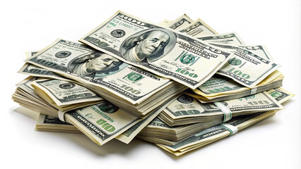 A significant amount of U.S. dollar bills is arranged in stacks, showcasing the currency’s distinctive design. The neatly organized bills display various denominations