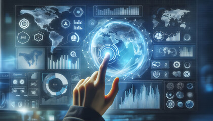 A person interacts with a holographic interface that visualizes various data, such as bar graphs, pie charts, and world maps.