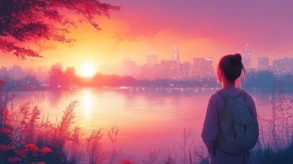 Fototapeta premium A pastel-toned vector image of an Asian woman enjoying a morning walk along a river