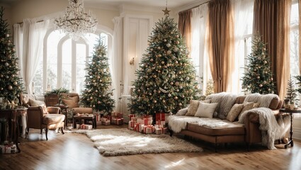 Fototapeta premium Bright cozy living room with a large elegant Christmas tree