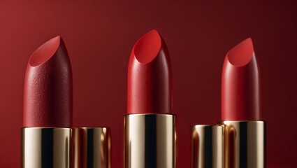 Obraz premium Three elegant red lipsticks standing upright on red background