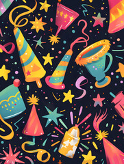 2D illustrated New Year card in a cute graphic style