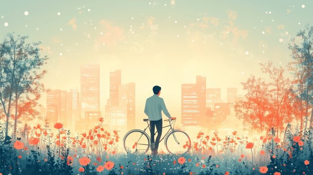A charming vector illustration of an Asian man preparing his bicycle for a morning commute