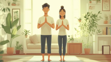 Obraz premium A charming vector image of an Asian couple doing morning stretches together in their living room