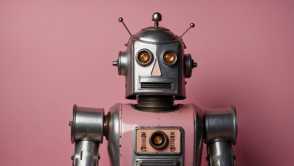 Retro pink robot with antennae against a pink wall.