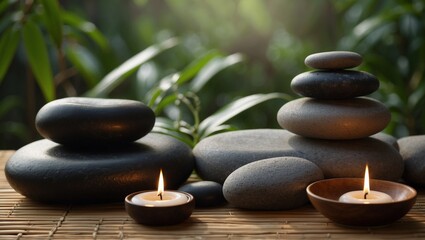Fototapeta premium Zen balance stones and candles in tranquil bamboo garden.