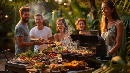 Photo realistic family backyard BBQ, vibrant summer evening, grill smoking, happy faces, delicious food spread, lush greenery, outdoor dining setup