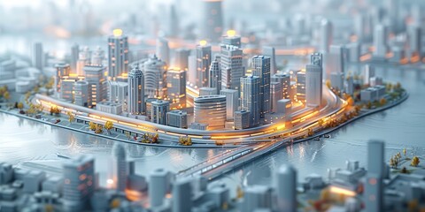 Obraz premium 3D model of school buildings, Base Station, roads and water in white color on the background. The modern city has many highly detailed skyscrapers, greenery around. Generative AI.