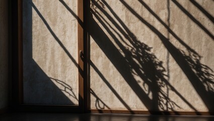 Shadows cast on wall through window blinds at sunset light.