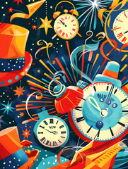2D illustrated New Year card in a cute graphic style