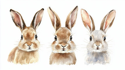 Obraz premium Watercolour Painting Of 3 Hare Set Collection Isolated On White Background 