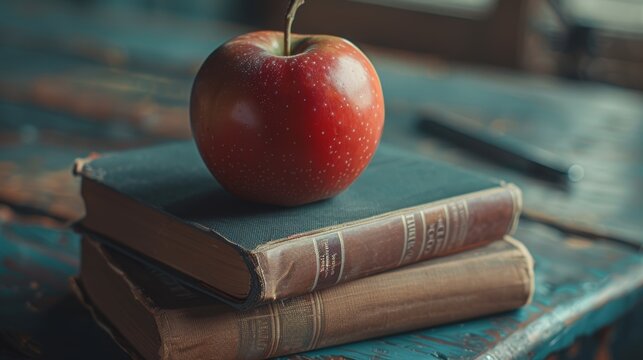 Stack of books with a fresh apple and pen for note
