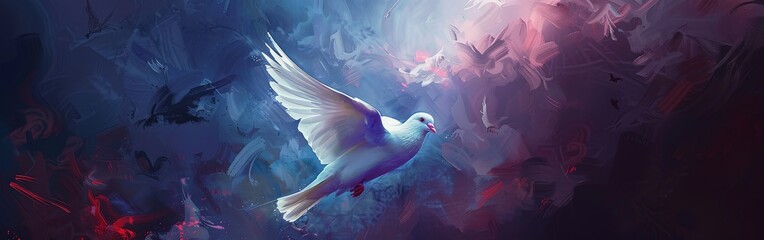 Obraz premium Majestic Dove Flying in Light Beam Through Darkness