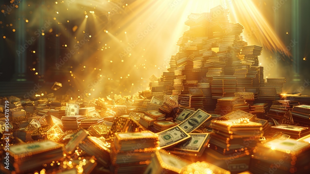 Poster A large pile with many stacks of money in the middle, golden background, yellow light rays and gold coins. Generative AI.