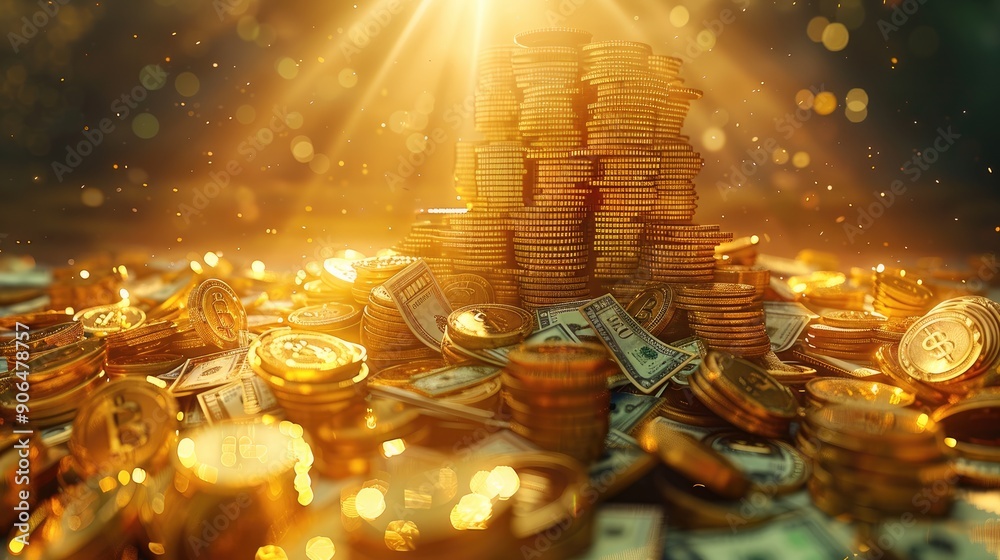 Aufkleber a large pile with many stacks of money in the middle, golden background, yellow light rays and gold 