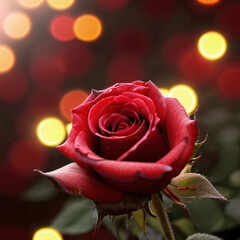 A stunning close-up of a vibrant red rose with a beautiful bokeh background, featuring glowing lights and a soft focus effect. Perfect for romantic themes and nature photography enthusiasts