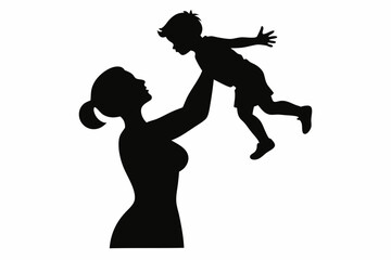 Mom lifting Child black Silhouette Vector, Mother and daughter Silhouette Clip art


