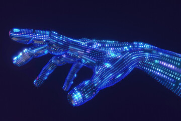 Hand composed of blue digital code reaching outwards.