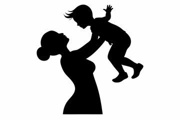 Mom lifting Child black Silhouette Vector, Mother and daughter Silhouette Clip art

