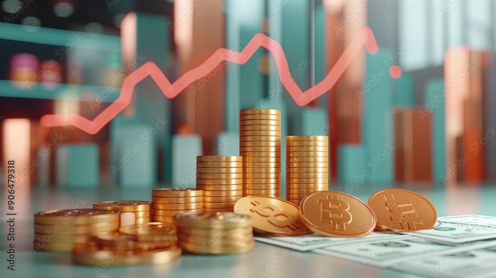 Poster 3D mutual fund investment concept, infographic style with graph and money stack. Generative AI.