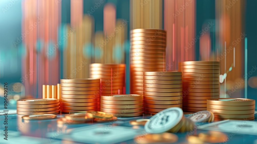 Poster 3d mutual fund investment concept, infographic style with graph and money stack. generative ai.