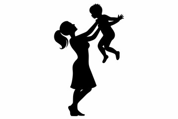 Mom lifting Child black Silhouette Vector, Mother and daughter Silhouette Clip art

