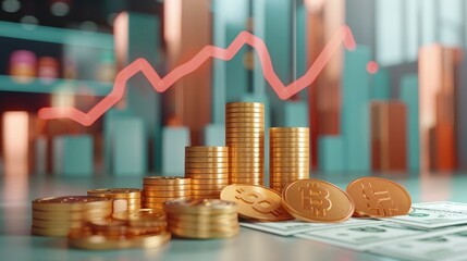 3D mutual fund investment concept, infographic style with graph and money stack. Generative AI.