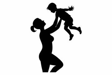 Mom lifting Child black Silhouette Vector, Mother and daughter Silhouette Clip art

