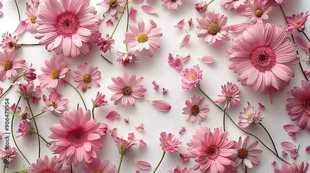Aufkleber small pink daisies scattered throughout the image on a white background. generative ai.