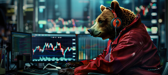 Bear in red suit sitting with computer trading charts on screen behind him stock market background Bear Trading Concept