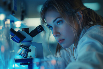 Female scientist in laboratory peering into microscope with blurred laboratory glassware