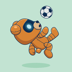 Cartoon cute bear robot playing soccer in bicycle kick style, vector icon illustration