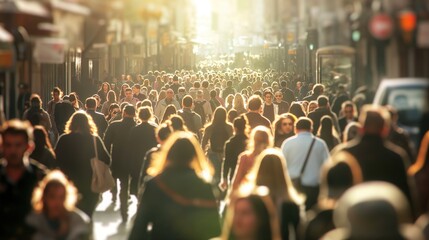 A busy city street filled with people walking in both directions. The sun is shining brightly, casting a warm glow over the crowd