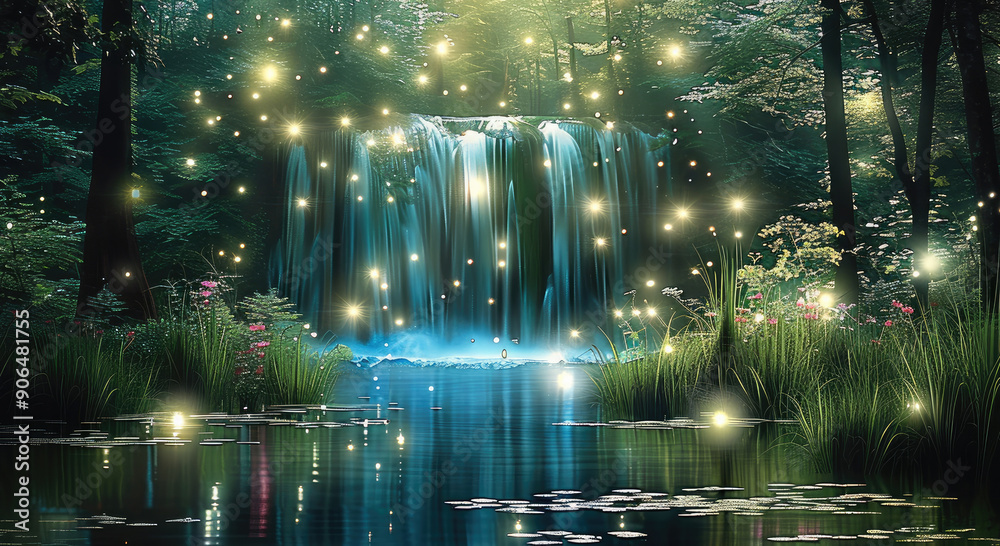Poster night, stream of fresh water over cascade waterfall, underwater glowing colorful meadow inside deep 