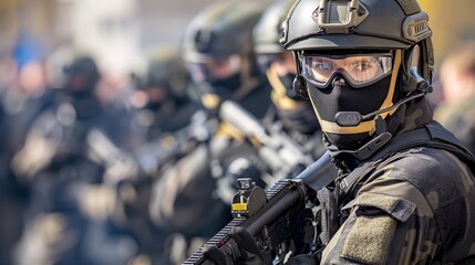 Obraz premium Anti-terrorism drill at a public venue, illustrating the preparedness measures to protect against potential threats