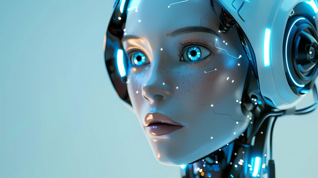 Female robot face, Artificial intelligence concept.