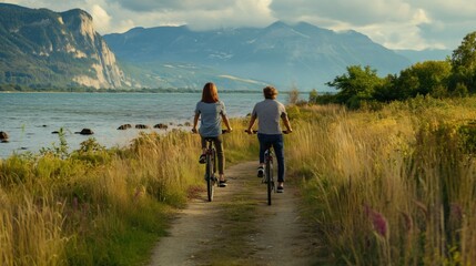 Couple riding bicycles along a scenic coastal path, embracing the freedom and adventure of a summer afternoon