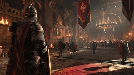 medieval king addressing his knights in a grand hall, illustrating the power dynamics and loyalty in the feudal system