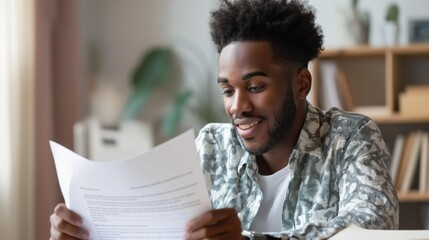 Man sitting at a desk with a letter of job rejection, yet smiling as he updates his resume, symbolizing determination and a positive outlook in career pursuits