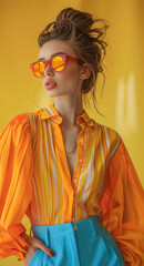 Obraz premium A fashion luxury model in modern, sunglass, colorful outfit. Generative AI.