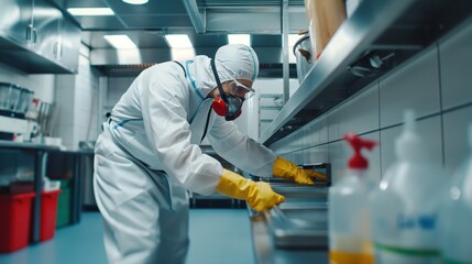 Exterminator treating a commercial kitchen to prevent pest infestations, ensuring compliance with health and safety regulations