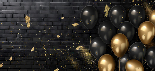Black gold balloons black brick wall background blank frame birthday party decoration vector illustration design template for invitation card design