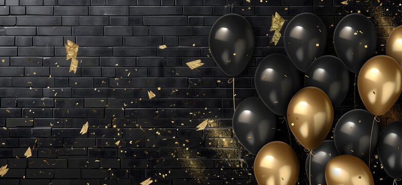 Black gold balloons black brick wall background blank frame birthday party decoration vector illustration design template for invitation card design