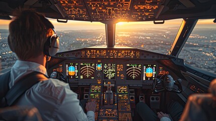 Airline cockpit with pilots during sunset descent