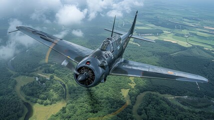 Naklejka premium Vintage military airplane flying over lush landscape