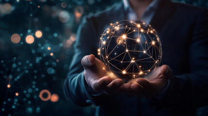 Fototapeta premium hand holding a globe hologram, technology line, global business