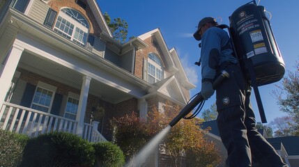 Professional exterminator using specialized equipment to fumigate an infested property, protecting the home from insect damage and disease