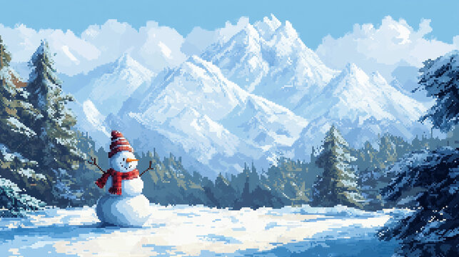 2d pixel art of snow mountain, winter season, christmas celebration, snowman, game art, 16-bit, 32-bit