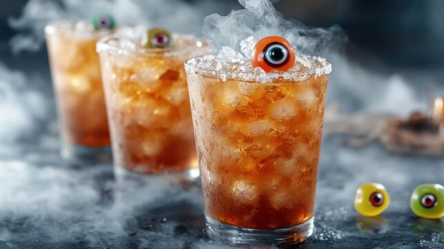 A spooky cocktail with dry ice, creating a foggy effect, and garnished with a gummy eyeball